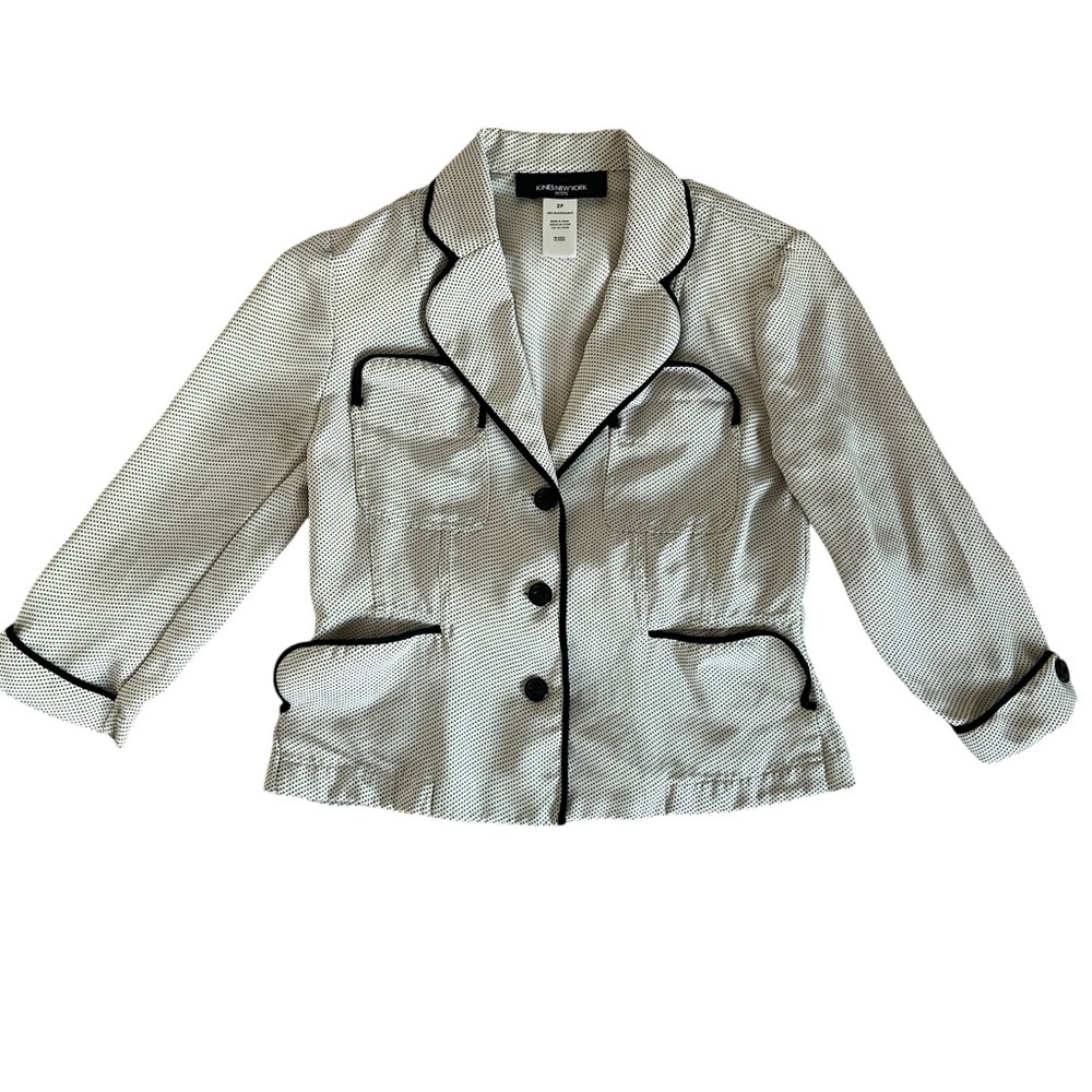 Jones New York 100% Silk Polka Dot Cream Blazer with Black Trim